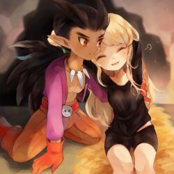 1boy 1girl arm_up belt bike_shorts black_shirt blonde_hair blurry blurry_background boots breasts brown_hair cave closed_eyes collarbone dark-skinned_male dark_skin dragon_quest dragon_quest_builders_2 female_builder_(dqb2) gloves hair_down hair_horns hand_on_another&#039;s_back hay hotaro_(bread_fusa) jewelry kneeling light_smile long_hair looking_at_another looking_to_the_side low_ponytail muscular muscular_male necklace open_clothes open_mouth open_shirt orange_pants pants pointy_ears ponytail purple_shirt red_belt red_boots red_eyes red_gloves shirt sidoh_(dqb2) skull_belt small_breasts smile spiked_hair stretching tooth_necklace waking_up
