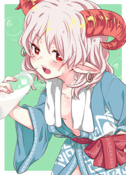 Rule 34 | 1girl, adapted costume, blue kimono, bottle, breasts, commentary request, earrings, eye print, grey hair, holding, holding bottle, hoop earrings, horns, japanese clothes, jewelry, kimi3735, kimono, long sleeves, meandros, milk bottle, multi-source commentary, open clothes, open kimono, open mouth, pointy ears, red eyes, red horns, sharp teeth, sheep horns, solo, teeth, touhou, toutetsu yuuma, twitter username, wet, wet hair, wide sleeves