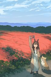 1girl absurdres animal_ears ashinowoto braid brown_hair casual curren_bouquetd&#039;or_(umamusume) dog field flower flower_field full_body highres horse_ears horse_girl horse_tail landscape long_hair low_twin_braids scenery selfie sky solo standing tail twin_braids umamusume
