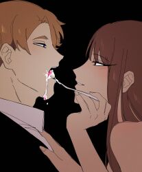 1boy 1girl black_background blonde_hair blue_eyes blush brown_eyes brown_hair cake clothed_male_nude_female feeding food fork from_side hair_over_shoulder hand_on_another&#039;s_chest highres holding holding_fork looking_at_another nude original par0llel saliva saliva_trail short_hair upper_body