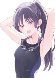 Rule 34 | 1girl, armpits, arms up, black hair, blush, breasts, collarbone, competition swimsuit, goggles, goggles around neck, hondahiro, long hair, looking at viewer, one-piece swimsuit, open mouth, original, ponytail, purple eyes, simple background, small breasts, smile, solo, swimsuit, upper body, white background