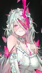 1girl absurdres bare_shoulders black_background breasts bug butterfly choker cleavage clenched_teeth commentary detached_sleeves english_commentary full-length_zipper hair_over_one_eye headdress highres insect large_breasts long_hair long_sleeves looking_at_viewer mole mole_under_mouth original pink_eyes pink_liquid shirt simple_background sleeveless sleeveless_shirt solo teeth upper_body white_choker white_hair white_shirt ye_jji zipper zipper_pull_tab