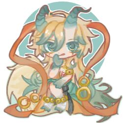 1boy :q absurdly_long_hair aqua_eyes aqua_hair aqua_horns aqua_skin blonde_hair blush_stickers chest_tattoo chibi chinese_commentary circle closed_mouth colored_skin commentary_request dot_nose dragon_boy dragon_horns gold_armlet gradient_hair gradient_skin hagoromo hair_between_eyes hand_on_own_chin highres horns lars_rorschach long_hair lovebrush_chronicles male_focus marking_on_cheek messy_hair multicolored_hair outline qianwa_shi_biao shawl sidelocks sitting skin-covered_horns smile solo tassel tattoo tongue tongue_out topless_male two-tone_hair very_long_hair white_background white_outline