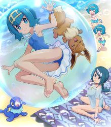 4girls absurdres alternate_costume arm_support barefoot beach beach_towel blue_eyes blue_hair blue_one-piece_swimsuit bracelet breasts bright_pupils bubble character_print closed_mouth commentary_request creatures_(company) day eevee flip-flops freckles frills game_freak gen_1_pokemon gen_7_pokemon hairband harper_(pokemon) highres jewelry lana&#039;s_mother_(pokemon) lana_(pokemon) looking_up mature_female mother_and_daughter multiple_girls nintendo no_sclera one-piece_swimsuit outdoors pink_shirt pokemoa pokemon pokemon_(anime) pokemon_(creature) pokemon_sm_(anime) popplio running sand sandals sarah_(pokemon) shellder shirt shore short_hair siblings sisters sitting sleeveless sleeveless_shirt slowpoke smile soles swimsuit toes towel water white_pupils yellow_hairband yellow_shirt