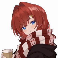 1girl alternate_costume ange_katrina black_coat blue_eyes blush closed_mouth coat commentary_request crossed_bangs cup disposable_coffee_cup disposable_cup eyelashes from_side hair_intakes hair_ornament hands_up haruwo head_tilt highres holding holding_cup looking_at_viewer looking_to_the_side nijisanji portrait red_hair red_scarf scarf simple_background smile solo striped_clothes striped_scarf triangle_hair_ornament turning_head virtual_youtuber white_background white_scarf winter_clothes