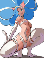 1girl animal_ears animal_hands bare_shoulders blue_hair breasts cat_ears cat_tail darkstalkers felicia_(darkstalkers) green_eyes highres long_hair medium_breasts meke_(77842928) tail very_long_hair white_background white_fur