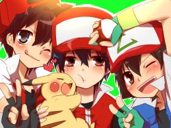 3boys aqua_eyes ash_ketchum black_hair black_shirt blue_jacket brown_eyes brown_hair closed_eyes fingerless_gloves gen_1_pokemon gloves happy hat heart jacket male_focus multiple_boys nekonekopunyann nintendo open_mouth pikachu poke_ball poke_ball_(basic) pokemon pokemon_(anime) pokemon_(classic_anime) pokemon_(creature) pokemon_adventures pokemon_rgby red_(pokemon) red_jacket shirt smile v