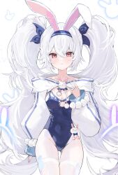 1girl absurdres animal_ear_hairband animal_ears azur_lane bare_shoulders blue_hairband blue_leotard blush breasts closed_mouth clothing_cutout collarbone commentary covered_navel detached_sleeves fake_animal_ears gurami_(zangizarang) hair_between_eyes hairband hand_up highres laffey_(azur_lane) laffey_ii_(azur_lane) laffey_ii_(sleepy_on_a_busy_day)_(azur_lane) leotard light_particles long_hair long_sleeves looking_at_viewer official_alternate_costume pantyhose playboy_bunny rabbit_ears red_eyes simple_background small_breasts solo standing sweatdrop thighband_pantyhose thighs twintails v very_long_hair white_background white_hair white_pantyhose