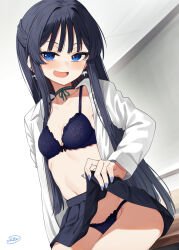 1girl binsen black_bra black_hair black_panties black_skirt blue_nails blush bra breasts chalkboard choker classroom cleavage clothes_lift collarbone commentary desk dot_nose earrings eyelashes groin gyaru highres idolmaster idolmaster_million_live! idolmaster_million_live!_theater_days indoors jewelry lace lace-trimmed_bra lace-trimmed_panties lace_trim lifting_own_clothes long_hair long_sleeves looking_at_viewer miniskirt mogami_shizuka navel open_clothes open_mouth open_shirt panties pleated_skirt ribbon_choker school_uniform seductive_smile shirt signature sitting skirt skirt_lift small_breasts smile solo straight_hair underwear white_shirt