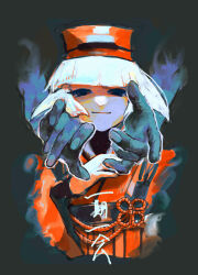 Rule 34 | 1girl, black background, black undershirt, blunt bangs, chajinbou, closed mouth, cropped torso, disembodied hand, fate/grand order, fate (series), floating hair, flower knot, ghost hands, half-closed eyes, hand up, hat, highres, japanese clothes, kimono, long sleeves, looking at viewer, red hat, red kimono, sen no rikyu (fate), sen no rikyu (first ascension) (fate), short hair, simple background, smile, solo, straight-on, translation request, upper body, u~o sushi (12345678q10 ), white hair, wide sleeves
