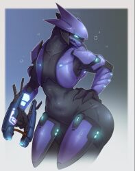 1girl alien androgynous armor black_bodysuit bodysuit chest_armor commentary covered_abs curvy energy_gun english_commentary faulds fewer_digits flat_chest glowing glowing_eye gun halo_(series) hand_on_own_hip handgun helmet highres holding holding_gun holding_weapon justrube needler neon_trim pauldrons purple_armor sangheili shoulder_armor skin_tight solo vambraces weapon wide_hips