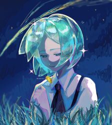 Rule 34 | 1other, aqua hair, artist name, black necktie, comet, flower, gem uniform (houseki no kuni), glint, grass, hashtag-only commentary, highres, holding, holding flower, houseki no kuni, jacket, necktie, night, other focus, phosphophyllite, poiuyt, short hair, star (sky), suspenders, white jacket