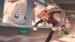 1girl ahoge asymmetrical_legwear black_cardigan black_socks black_thighhighs bow bowtie broken_glass broken_heart broken_heart_hair_ornament brown_hair brown_shoes cardigan cloud cloudy_sky commentary commission english_commentary evil_neuro-sama from_side fumo_(doll) glass grey_sailor_collar grey_skirt hair_ribbon heart highres indoors loafers long_hair long_sleeves neuro-sama open_mouth pleated_skirt red_bow red_bowtie red_eyes red_ribbon ribbon running sailor_collar shoes single_sock single_thighhigh skirt sky socks sunset tanziya_(codlxcold) thighhighs uneven_legwear vedal987 vedal_ai virtual_youtuber wide_shot