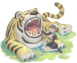 1girl bird breasts brown_hair chick chopsticks cleavage closed_eyes dress feeding female_focus hair_bun kneeling long_sleeves loped medium_breasts nest open_mouth original single_hair_bun sitting smile solo tail teeth tiger tongue uvula vore wariza what