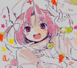 1girl :d blush_stickers bob_cut bracelet carrot cross dress dutch_angle fang gloves hair_ribbon hat highres jewelry looking_at_viewer nakahara_komugi nurse nurse_cap nurse_witch_komugi-chan open_mouth parted_bangs pepeppepe101 pink_dress pink_eyes pink_hair red_cross ribbon sash short_hair sketch smile solo star_(symbol) two_side_up upper_body v-shaped_eyebrows white_background white_gloves white_hat white_ribbon white_sash