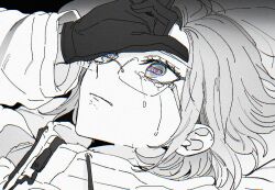 1boy aotsuki_eito close-up crying crying_with_eyes_open drawstring error_message glasses gloves greyscale hand_on_own_forehead jacket long_sleeves looking_ahead male_focus monochrome palme310 short_hair simple_background solo tears text_in_eyes the_hundred_line_-last_defense_academy- zipper