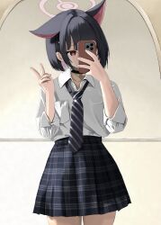 1girl absurdres alternate_costume animal_ears black_hair black_necktie black_skirt blue_archive cat_ears cat_girl cellphone colored_inner_hair commentary diagonal-striped_clothes diagonal-striped_necktie disuto extra_ears hands_up highres holding holding_phone kazusa_(blue_archive) looking_at_object looking_at_phone mirror mirror_selfie multicolored_hair necktie phone pink_eyes pink_hair plaid_clothes plaid_skirt selfie shirt skirt smartphone solo striped_clothes two-tone_hair v white_shirt