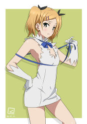 1girl artist_logo breasts cosplay dated dress dungeon_ni_deai_wo_motomeru_no_wa_machigatteiru_darou_ka female_focus gloves hestia_(danmachi) hestia_(danmachi)_(cosplay) kueru logo looking_at_viewer miyahara_takuya parody rei_no_himo shirobako small_breasts solo twintails white_dress white_gloves yano_erika
