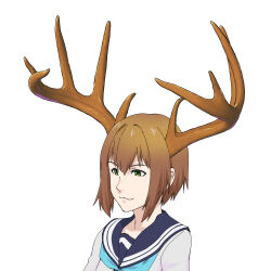 Rule 34 | 1girl, antlers, aqua neckerchief, blue sailor collar, brown hair, closed mouth, deer antlers, deer girl, green eyes, highres, horns, neckerchief, sailor collar, shikanoko noko, shikanoko nokonoko koshitantan, simple background, solo, ueyama michirou, white background