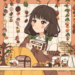 1girl acorn blush_stickers book border bow brown_border brown_eyes brown_hair brown_sweater closed_mouth commentary eeppa feet_out_of_frame green_bow grid_background hair_bow highres holding holding_book jar knees_up leaf long_hair long_sleeves looking_to_the_side mushroom original outside_border sitting skirt smile solo sweater vase white_background yellow_skirt