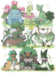 antennae chesnaught colored_sclera commentary_request decidueye fang fang_out gen_1_pokemon gen_2_pokemon gen_3_pokemon gen_4_pokemon gen_5_pokemon gen_6_pokemon gen_7_pokemon gen_8_pokemon highres meganium meowscarada nintendo pokemon pokemon_(creature) pokemon_focus red_eyes rillaboom saki_pokeoekaki sceptile serperior sitting slit_pupils talons torterra twitter_username unown venusaur yellow_eyes yellow_sclera