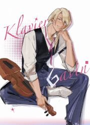 1boy ace_attorney apollo_justice:_ace_attorney arm_strap blonde_hair blue_eyes blue_pants borrowed_clothes character_name cosplay dress_shirt earrings foot_out_of_frame hair_between_eyes halftone halftone_background highres holding holding_instrument instrument invisible_chair jewelry klavier_gavin male_focus multiple_rings neck_ribbon open_collar pants pink_background pink_ribbon ribbon ring semi-rimless_eyewear shirt shoes single_earring sitting solo two-tone_background vest violin waistcoat white_background white_shirt white_shoes wogesb