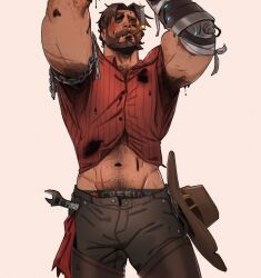 1boy bara beard blush brown_hair cassidy_(overwatch) chain chest_hair chris_sdd cigarette connected_beard cowboy_hat cropped_arms cropped_legs dark-skinned_male dark_skin facial_hair full_beard hat highres male_focus mature_male mustache overwatch overwatch_2 pants prosthesis prosthetic_arm red_shirt repairing scar shirt short_hair signature simple_background smoking wrench