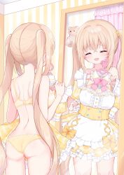 1girl :d ^_^ ass back bare_shoulders blonde_hair bow bra breasts closed_eyes dress frills from_behind futaba_yuuki_(vtuber) highres indie_virtual_youtuber long_hair mirror multiple_views open_mouth otoha_momose panties smile twintails underwear very_long_hair yellow_panties