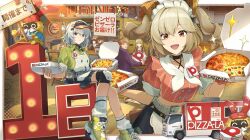 1boy 4girls anby_demara anby_demara_(operation_yum_2025) apron bangboo_(zenless_zone_zero) black_skirt blonde_hair box burnice_white burnice_white_(operation_yum_2025) can commentary_request crop_top food food_stand food_truck green_shirt grey_hair high-waist_skirt highres holding holding_box knee_pads looking_at_viewer midriff miniskirt motor_vehicle multiple_girls pizza pizza-la pizza_box red_eyes red_shirt roller_shoes shirt shoes short_hair short_sleeves single_knee_pad skirt smile socks suitchi_(gn4othi61) truck twintails visor_cap waitress white_apron white_headdress zenless_zone_zero