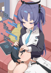 1boy 1girl absurdres black_halo blue_archive blue_necktie breast_rest breasts breasts_on_head chat_log closed_eyes couch face_to_breasts half-closed_eyes halo highres hoshi_kitsune id_card lap_pillow large_breasts long_hair long_sleeves lying mechanical_halo necktie on_back on_couch purple_eyes purple_hair red_pupils sensei_(blue_archive) sitting smile tablet_pc translation_request two_side_up yuuka_(blue_archive)