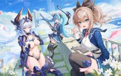 3girls absurdres aqua_hair arm_support armor armored_boots black_bow black_gloves black_thighhighs blue_eyes blue_hair blue_jacket blue_skirt blue_sky boots bow breasts brown_hair cleavage cloud collared_shirt commentary_request crossed_bangs day dragon_girl dragon_horns dragon_tail falling_petals fingerless_gloves floating_hair flower gloves gun hair_between_eyes hair_bow hair_intakes hand_on_own_chest hand_up headgear headpiece highres hikari_(starward) holding holding_gun holding_weapon horns jacket kaze_(starward) large_breasts light_blush light_particles long_hair looking_at_viewer mechanical_arms mechanical_tail multiple_girls navel neck_ribbon necktie open_mouth petals pleated_skirt purple_eyes railing red_necktie red_ribbon rhine_(starward) ribbon rifle salmonppang shirt sidelocks sitting skirt sky smile sniper_rifle standing starward stomach submachine_gun tail thighhighs thighs twintails v very_long_hair weapon white_flower white_shirt white_trim wind wing_collar
