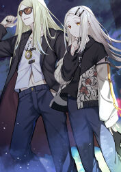 Rule 34 | 1boy, 1girl, absurdres, black nails, blonde hair, blue pants, coat, commentary request, crossover, fate/grand order, fate (series), gakuen idolmaster, hair ornament, hairclip, hairstyle connection, hand in pocket, hand on own chin, hand up, highres, idolmaster, jacket, long hair, nail polish, open clothes, open coat, open jacket, pants, shinosawa hiro, stroking own chin, sunglasses, tamago sando, tezcatlipoca (fate)