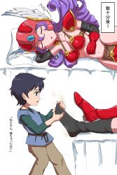 1boy 1girl absurdres black_socks blue_eyes boots ddrysuper dragon_quest dragon_quest_iii feet foot_focus helmet highres long_hair lying on_side parted_lips purple_hair shoes single_boot single_shoe sleeping socks steam translated warrior_(dq3) winged_helmet