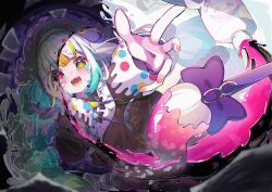 Rule 34 | 1girl, beret, bow, bowtie, colorful, hat, heterochromia, highres, hime cut, jougasaki noa, long hair, magical girl, mahou shoujo no majo saiban, multicolored hair, paint tube, purple bow, purple bowtie, rappi, reaching, smile