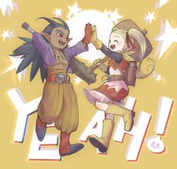 1boy 1girl antenna_hair belt black_hair blonde_hair bone_necklace boots closed_eyes club club_(weapon) commentary dark-skinned_male dark_skin dragon_quest dragon_quest_builders_2 dress earrings english_text fangs female_builder_(dqb2) floating_clothes floating_hair fringe_trim gloves hair_pulled_back hair_ribbon hammer hashtag-only_commentary high_five holding holding_club holding_hammer holding_weapon hoop_earrings jewelry leg_up looking_at_another low_ponytail matsuge_(gajigaji) neckerchief necklace open_clothes open_mouth open_shirt orange_pants pants pointy_ears ponytail purple_shirt red_belt red_eyes red_footwear red_gloves red_ribbon ribbon shirt sidoh_(dqb2) skull_belt slime_(dragon_quest) spiked_club spiked_hair star_(symbol) symbol-only_commentary tooth_necklace twintails weapon yellow_gloves yellow_neckerchief