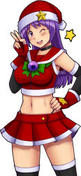 1girl asamiya_athena bow breasts christmas christmas_ornaments curvy fluffy gloves hand_on_own_hip hat huge_breasts long_hair looking_at_viewer one_eye_closed open_mouth panties purple_eyes purple_hair skirt smile smiley_face socks standing star_(symbol) the_king_of_fighters thick_thighs thighs tsumitani tsumitani_daisuke underwear wink