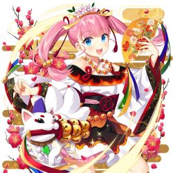 1girl akane_garnet aqua_eyes bare_legs bead_necklace beads cat flower folding_fan hand_fan japanese_clothes jewelry long_hair necklace off_shoulder pink_hair salt_(salty) twintails uchi_no_hime-sama_ga_ichiban_kawaii