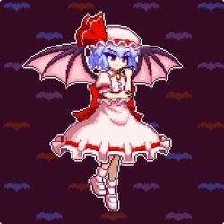 1girl bat_background bat_wings closed_mouth collared_shirt full_body hat hat_ribbon holding_own_arm mob_cap pink_hat pink_legwear pink_shirt pink_shoes pink_skirt pixel_art purple_hair red_eyes red_ribbon remilia_scarlet ribbon shirt shoes short_hair short_sleeves skirt smile solo touhou tsukimiya_toito v-shaped_eyebrows wings