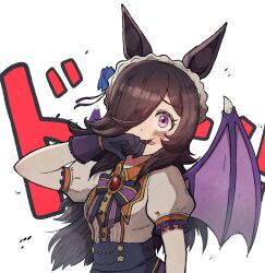 1girl absurdres animal_ears bat_wings beta_2 black_bow black_gloves blue_skirt blush bow brown_hair commentary_request fangs gloves hair_over_one_eye high-waist_skirt highres horse_ears licking_lips long_hair looking_at_viewer maid_headdress puffy_short_sleeves puffy_sleeves purple_bow purple_eyes rice_shower_(make_up_vampire!)_(umamusume) rice_shower_(umamusume) shirt short_sleeves simple_background skirt solo striped_bow tongue tongue_out umamusume upper_body white_background white_shirt wings wiping_mouth