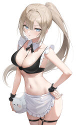 1girl absurdres apron armpits bare_shoulders bikini black_bikini blonde_hair blue_eyes breasts cleavage cowboy_shot detached_collar frills hand_on_own_hip hibiwa highres long_hair looking_at_viewer maid maid_apron maid_bikini medium_breasts navel original parted_lips ponytail sidelocks simple_background skindentation solo stomach swimsuit thigh_strap unconventional_maid very_long_hair waist_apron white_background wrist_cuffs