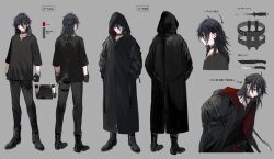 1boy alternate_hair_color alternate_hairstyle arms_at_sides black_boots black_coat black_collar black_gloves black_hair black_pants black_raincoat black_shirt boots border0715 clenched_hands coat collar collarbone color_guide dagger expressionless full_body gloves grey_background hair_between_eyes half_updo hands_in_pockets holster hood hood_down hood_up knife knife_sheath long_bangs long_hair long_sleeves looking_at_viewer male_focus multicolored_hair multiple_views nijisanji notched_neckline official_art open_clothes open_coat pants raincoat red_coat red_eyes red_hair reference_sheet seraph_dazzlegarden sheath shirt simple_background solo standing streaked_hair thigh_holster translation_request turnaround two-sided_coat two-sided_fabric upper_body virtual_youtuber weapon