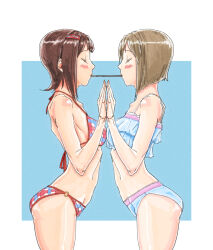 2girls amami_haruka bare_arms bikini blue_background blush brown_hair closed_eyes cowboy_shot face-to-face food from_side hagiwara_yukiho hands_up highres idolmaster idolmaster_(classic) multiple_girls ooeyama_ken pocky pocky_kiss profile shared_food short_hair standing swimsuit yuri