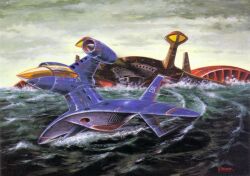 1970s_(style) 1980s_(style) aircraft airplane cloud cloudy_sky gundam highres machinery mad_angler-class military_vehicle mobile_suit_gundam no_humans ocean official_art oldschool ookawara_kunio painting_(medium) production_art promotional_art realistic retro_artstyle science_fiction sealance seaplane ship signature sky submarine traditional_media watercraft zeon