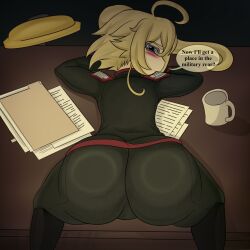 1girl alatir annoyed ass black_boots blazer blonde_hair blue_eyes blush boots closed_mouth embarrassed english_text eyelashes feet_out_of_frame female_focus from_behind green_jacket green_pants huge_ass indoors jacket kyojiri_loli loli long_hair looking_at_viewer looking_back lying multicolored_jacket on_stomach on_table pants ponytail profile red_jacket solo speech_bubble table tanya_degurechaff two-tone_jacket youjo_senki