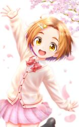1girl arm_up bow bowtie cardigan cherry_blossoms gmcgfuyu hair_ornament hairclip highres idolmaster idolmaster_cinderella_girls looking_at_viewer open_mouth orange_hair petals pink_cardigan pink_skirt ryuzaki_kaoru school_uniform short_hair skirt smile solo spring_(season) sunlight yellow_eyes