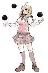 Rule 34 | 1girl, ahoge, akamatsu kaede, blonde hair, blush, breasts, collared shirt, commentary request, danganronpa (series), danganronpa v3: killing harmony, full body, hair ornament, juggling, kneehighs, koikeya (zam), long hair, long sleeves, looking at viewer, musical note, musical note print, necktie, open mouth, pink sweater vest, pink vest, pleated skirt, red eyes, red necktie, school uniform, shirt, skirt, socks, standing, sweater vest, vest, white background, white shirt