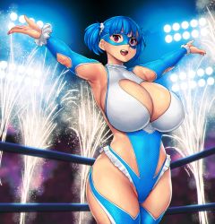 1girl absurdres armpits arms_up blue_hair blue_leotard blue_mask breasts cleavage cleavage_cutout clothing_cutout cosplay covered_navel cowboy_shot erkaz eye_mask fireworks highres huge_breasts leotard looking_at_viewer open_mouth original rainbow_mika rainbow_mika_(cosplay) red_eyes rina_atherina shadow short_hair smile solo street_fighter twintails wrestling_mask wrestling_outfit wrestling_ring