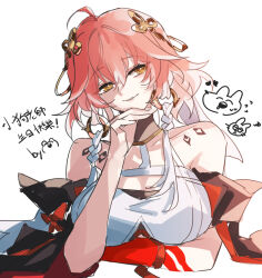 1girl ahoge arm_rest arm_under_breasts braid breasts bright_pupils changli_(wuthering_waves) chinese_commentary chinese_text colored_extremities commentary cropped_torso detached_hair drooling elbow_rest flower_knot flying_sweatdrops gift_art hair_between_eyes hair_ornament hand_on_own_chin hand_up happy_birthday heart large_breasts looking_to_the_side multicolored_hair parted_lips pink_hair red_hands rekka ring_hair_ornament shirt side_braids simple_background smile solo squiggle translation_request two-tone_hair whiskers white_background white_hair white_pupils white_shirt wuthering_waves