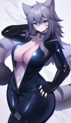 1girl absurdres animal_ears animal_nose bell biker_clothes bikesuit black_gloves blue_bodysuit blue_collar blue_eyes blue_hair blush body_fur bodysuit breasts cat_ears cat_girl cat_tail cleavage closed_mouth collar commission elbow_gloves female_focus fingerless_gloves furry furry_female gloves grey_fur grey_hair hair_between_eyes hand_on_own_hip highres jingle_bell long_hair looking_at_viewer multicolored_hair navel neck_bell open_bodysuit open_clothes original sasayuki_(kemonoyou) skeb_commission smile solo tail thigh_strap unzipped unzipped_bodysuit white_fur zipper zipper_pull_tab