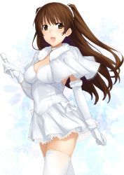 10s 1girl :d billion_(billion0103) blush bow breasts brown_eyes brown_hair capelet choker cleavage clenched_hand dress elbow_gloves female_focus gloves gradient_background holding holding_microphone legs long_hair looking_at_viewer microphone ogiso_setsuna open_mouth smile solo standing strapless strapless_dress thighhighs two_side_up white_album_(series) white_album_2 white_dress white_gloves white_thighhighs